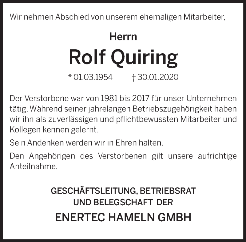 Traueranzeige für Rolf Quiring  vom 15.02.2020 aus Deister- und Weserzeitung