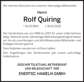 Traueranzeige von Rolf Quiring  von Deister- und Weserzeitung