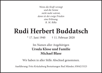 Traueranzeige von Rudi Herbert Buddatsch von Neue Deister-Zeitung