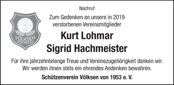 Traueranzeige von Sigrid Hachmeister von Neue Deister-Zeitung