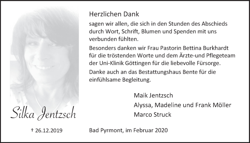  Traueranzeige für Silka Jentzsch vom 15.02.2020 aus Deister- und Weserzeitung