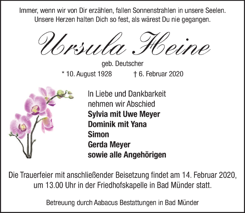  Traueranzeige für Ursula Heine vom 12.02.2020 aus Neue Deister-Zeitung
