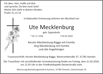 Traueranzeige von Ute Mecklenburg von Deister- und Weserzeitung