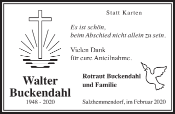 Traueranzeige von Walter Buckendahl von Deister- und Weserzeitung