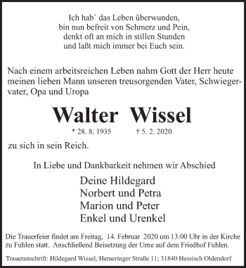 Traueranzeige von Walter Wissel von Deister- und Weserzeitung
