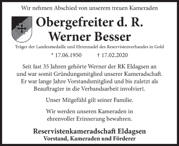 Traueranzeige von Werner Besser von Neue Deister-Zeitung