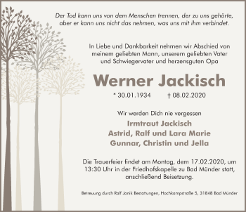 Traueranzeige von Werner Jackisch von Neue Deister-Zeitung
