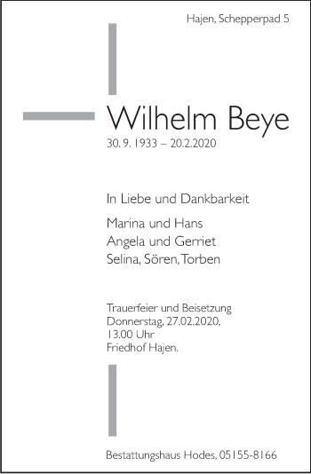 Traueranzeige von Wilhelm Beye von Deister- und Weserzeitung