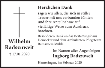 Traueranzeige von Wilhelm Radszuweit von Deister- und Weserzeitung