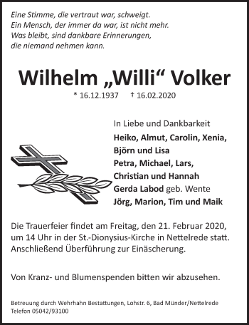 Traueranzeige von Wilhelm Volker 