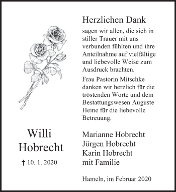 Traueranzeige von Willi Hobrecht von Deister- und Weserzeitung