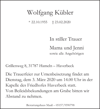 Traueranzeige von Wolfgang Kübler von Deister- und Weserzeitung