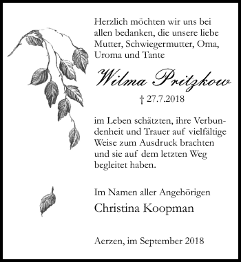 Traueranzeige von Wilma Pritzkow von Deister- und Weserzeitung