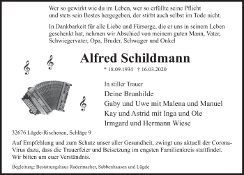 Traueranzeige von Alfred Schildmann von Deister- und Weserzeitung
