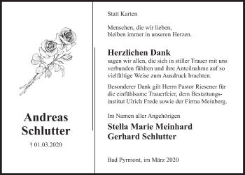 Traueranzeige von Andreas Schlutter von Deister- und Weserzeitung