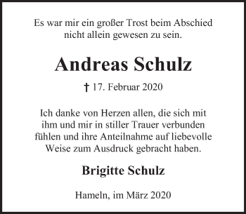 Traueranzeige von Andreas Schulz von Deister- und Weserzeitung