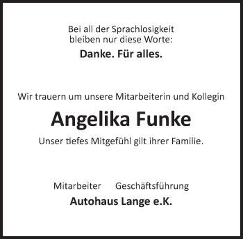 Traueranzeige von Angelika Funke von Deister- und Weserzeitung