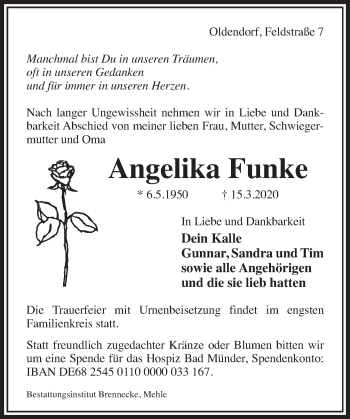 Traueranzeige von Angelika Funke von Deister- und Weserzeitung