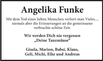 Traueranzeige von Angelika Funke von Deister- und Weserzeitung