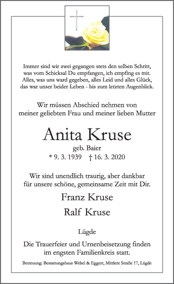 Traueranzeige von Anita Kruse von Deister- und Weserzeitung