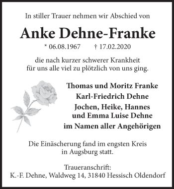 Traueranzeige von Anke Dehne-Franke von Deister- und Weserzeitung