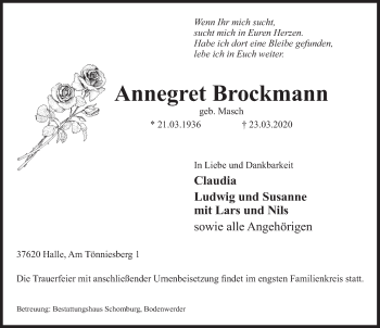Traueranzeige von Annegret Brockmann von Deister- und Weserzeitung