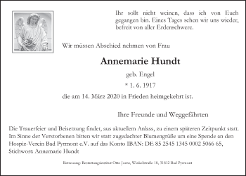 Traueranzeige von Annemarie Hundt von Deister- und Weserzeitung
