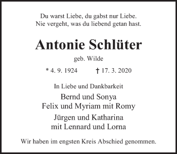 Traueranzeige von Antonie Schlüter von Deister- und Weserzeitung