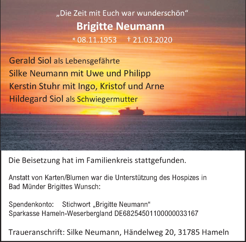  Traueranzeige für Brigitte Neumann vom 04.04.2020 aus Neue Deister-Zeitung