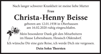 Traueranzeige von Christa-Henny Beisse von Deister- und Weserzeitung