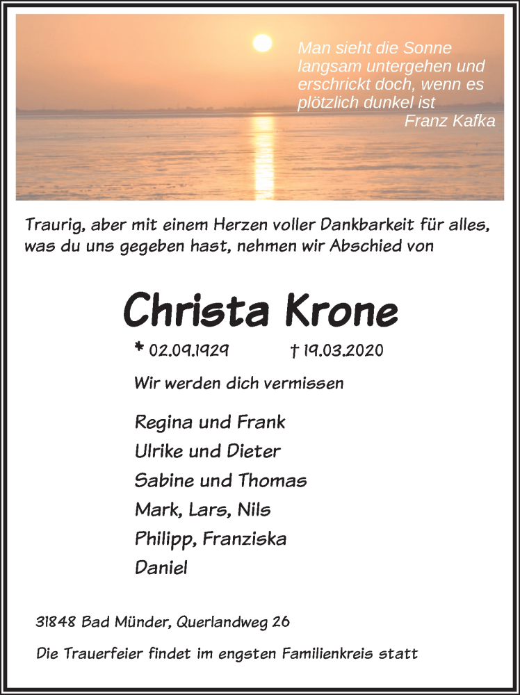  Traueranzeige für Christa Krone vom 28.03.2020 aus Neue Deister-Zeitung