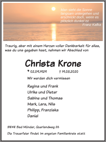 Traueranzeige von Christa Krone von Neue Deister-Zeitung