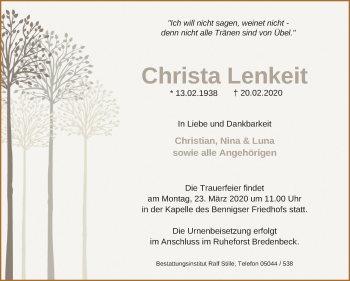 Traueranzeige von Christa Lenkeit von Neue Deister-Zeitung