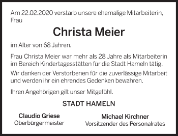 Traueranzeige von Christa Meier von Deister- und Weserzeitung