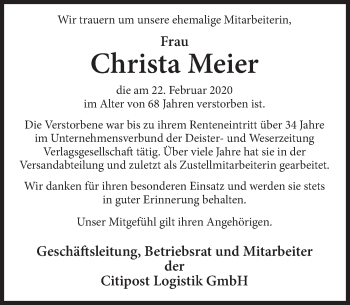 Traueranzeige von Christa Meier von Deister- und Weserzeitung