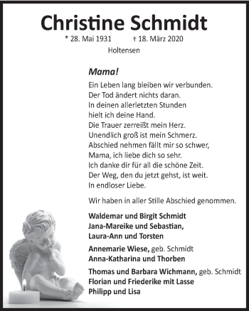 Traueranzeige von Christine Schmidt von Deister- und Weserzeitung
