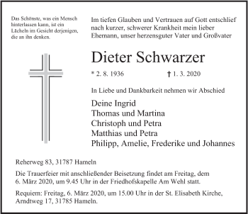 Traueranzeige von Dieter Schwarzer von Deister- und Weserzeitung