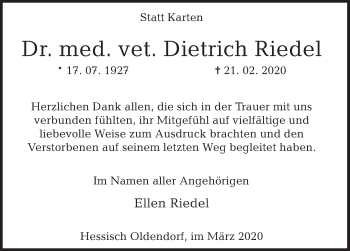 Traueranzeige von Dietrich Riedel von Deister- und Weserzeitung
