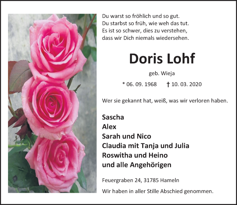  Traueranzeige für Doris Lohf vom 21.03.2020 aus Deister- und Weserzeitung