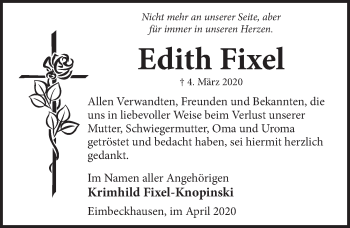 Traueranzeige von Edith Fixe von Neue Deister-Zeitung