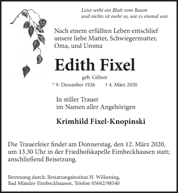 Traueranzeige von Edith Fixel von Neue Deister-Zeitung