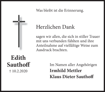 Traueranzeige von Edith Sauthoff von Deister- und Weserzeitung