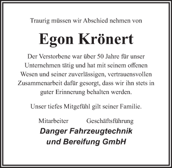Traueranzeige von Egon Krönert von Deister- und Weserzeitung