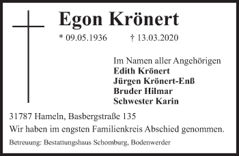 Traueranzeige von Egon Krönert von Deister- und Weserzeitung