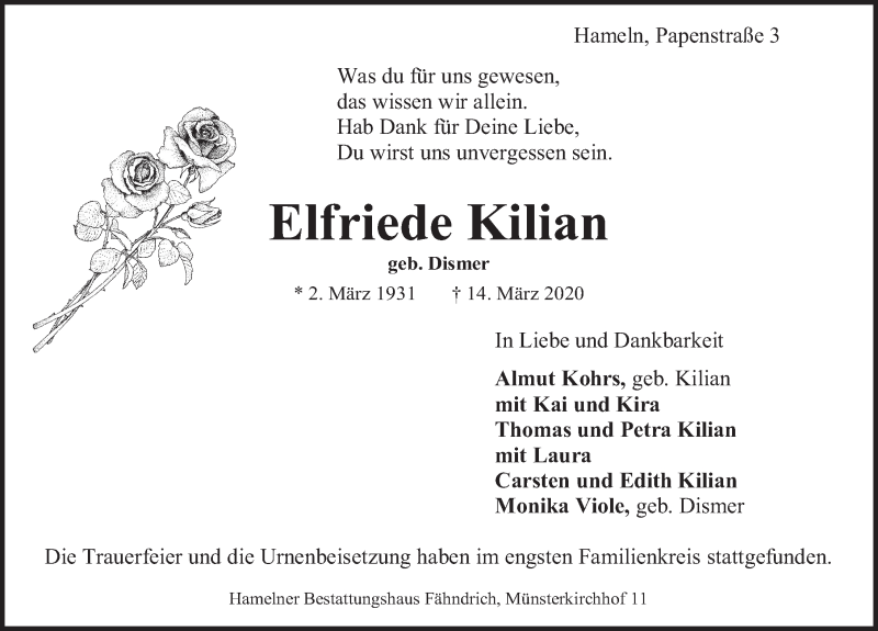  Traueranzeige für Elfriede Kilian vom 21.03.2020 aus Deister- und Weserzeitung