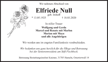 Traueranzeige von Elfriede Null von Deister- und Weserzeitung