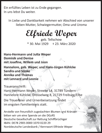 Traueranzeige von Elfriede Weper von Deister- und Weserzeitung