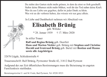 Traueranzeige von Elisabeth Brünig von Deister- und Weserzeitung