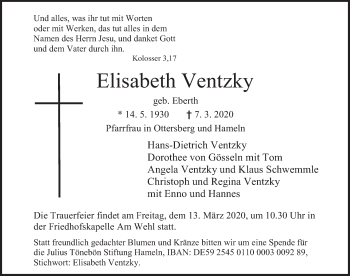 Traueranzeige von Elisabeth Ventzky von Deister- und Weserzeitung