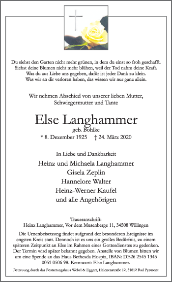 Traueranzeige von Else Langhammer von Deister- und Weserzeitung